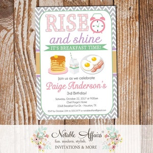 Rise and Shine Breakfast Pink Gold Lavender Mint Chevron Pancakes and Pajamas Birthday invite - any age - choose colors - Breakfast Birthday