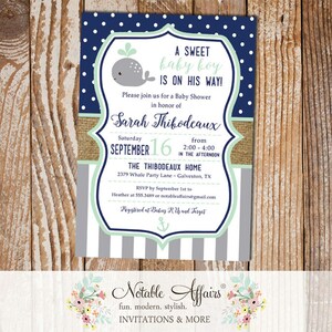 Dark Navy Blue Gray Ghost Mint Stripes Dots Burlap Whale Baby Shower Gender Reveal Party or Birthday Invitation - choose up to 3 colors