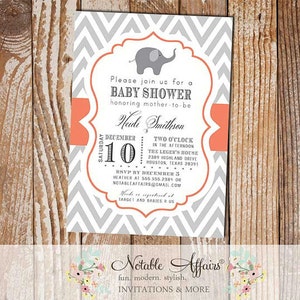 Gray and Coral Chevron with Elephant Baby Shower Invitation colors and wording can be changed image 1