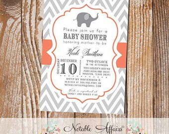 Gray and Coral Chevron with Elephant Baby Shower Invitation - colors and wording can be changed