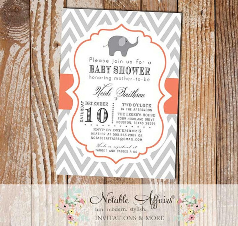 Gray and Coral Chevron with Elephant Baby Shower Invitation colors and wording can be changed image 1