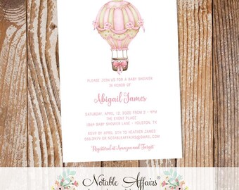 Watercolor Pink Hot Air Balloon Birthday Baby Shower invitation - choose your wording - no color changes