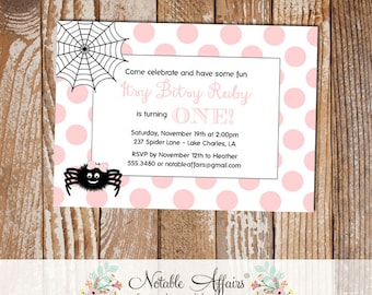 Itsy Bitsy Spider Light Pink and Black Polka Dots Horizontal Invitation - Itsy Bitsy Spider Birthday Party invite - choose accent color