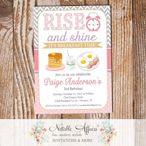 Rise and Shine Breakfast Pink Gold Lavender Chevron Dots Pancakes and Pajamas Birthday invite - any age - choose colors - Breakfast Birthday