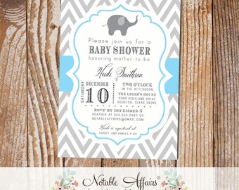 Gray and Ice Blue Chevron with Elephant Baby Boy Shower Invitation - colors can be changed