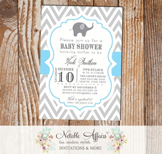 Gray and Ice Blue Chevron with Elephant Baby Boy Shower Invitation - colors can be changed Il_570xn