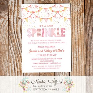 Baby Girl Baby Sprinkle invitation plaid polka dots stripes and bunting - pinks yellows corals - no color changes
