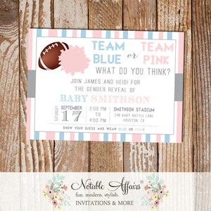 Team Blue or Pink Gender Reveal Football Invitation Light Pink vs Light Blue pom pom football pink or blue gender reveal invitation image 1