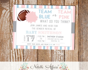 Team Blue or Pink Gender Reveal Football Invitation Light Pink vs Light Blue pom pom football - pink or blue gender reveal invitation