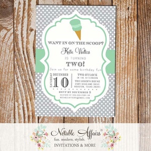 Gray and Mint Polka Dot Ice Cream Cone Dessert Birthday Party Baby Shower Modern Invitation - choose colors