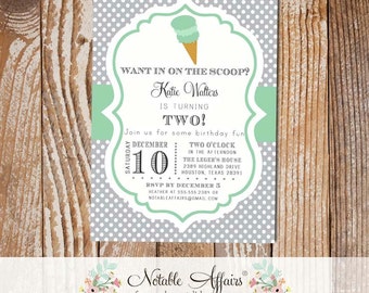 Gray and Mint Polka Dot Ice Cream Cone Dessert Birthday Party Baby Shower Modern Invitation - choose colors