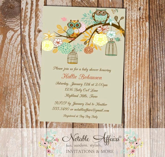 Elegant Baby Owls Flowers Bird Cages Baby Shower Invitation Gender