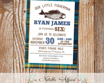 Blues and Greens plaid Vintage Fish Little Fisherman BIRTHDAY invitation - fishing birthday party - no fish tale - any age - no color change