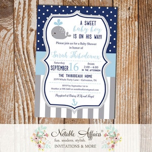 Dark Navy Blue Gray Baby Blue Stripes Dots Whale Baby Shower Gender Reveal Party or Birthday Invitation - choose up to 3 colors