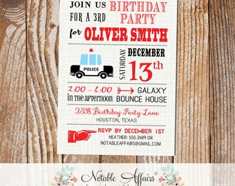 Modern Police Car Birthday Party invitation - Police party - any age - Vintage Police Car Birthday Invitation - no color changes