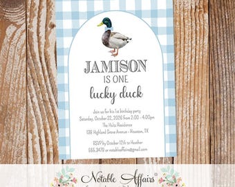 One Lucky Duck Plaid Arch Watercolor Cajun Bayou Mallard Duck Hunting Birthday invite invitation - no color changes