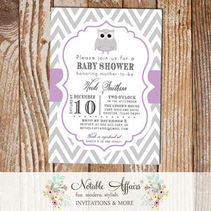 Gray and Lavender Light Purple Chevron Owl Modern Baby Shower Birthday Invitation choose colors image 1