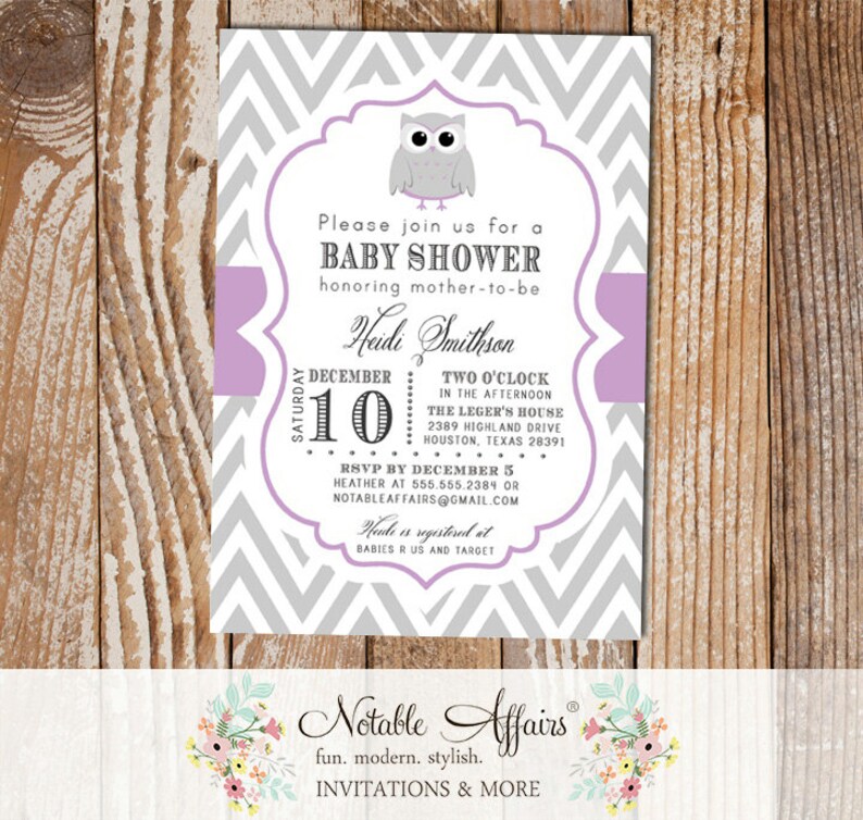 Gray and Lavender Light Purple Chevron Owl Modern Baby Shower Birthday Invitation choose colors image 1