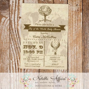 Baby Shower Old World Map Globe Rustic Hot Air Balloon  Vintage Baby Shower Invitation - Top of the world