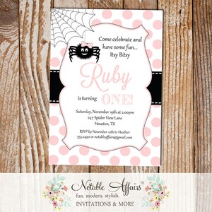 Itsy Bitsy Spider Light Pink and Black Polka Dots Vertical Invitation - Itsy Bitsy Spider Birthday Party invite - choose accent color