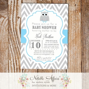 Gray and Blue Owl Chevron Baby Shower Birthday or Gender Reveal Invitation - colors can be changed