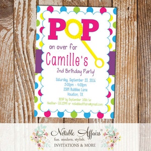 Pop on Over Bubbles Birthday Invitation - bright colors - polka dots vertical - Blowing Bubbles invitation