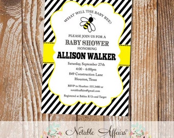 Yellow Black and White Bumble Bee Vertical Diagonal Stripes Baby Shower Invitation - what will baby bee - gender neutral shower invitation