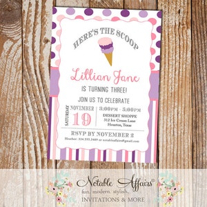 Pink and Purple Ice Cream Cone Dessert Birthday Party Invitation - heres the scoop - ice cream sundae party shoppe