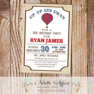 Vintage Red and Light Navy Hot Air Balloon Birthday invitation on Kraft background - any age - Hot Air Balloon ticket style invite