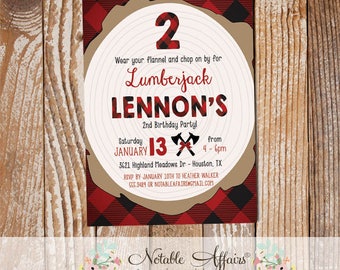 May include: A red and black lumberjack themed invitation for a 2nd birthday party. The invitation features a wood grain background with a red and black plaid pattern. The text on the invitation reads "Wear your flannel and chop on by for Lumberjack Lennon's 2nd Birthday Party! Saturday January 13 from 4-6pm 3621 Highland Meadows Dr - Houston, TX RSVP by January 10th to Heather Walker 555.3489 or notableaffairs@gmail.com".