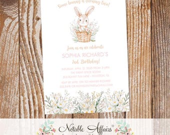 Watercolor girl Bunny with flowers border Birthday invitation - some bunny is turning one pink bunny invite - no color changes - any age
