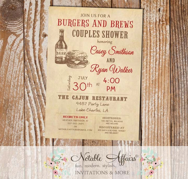 Vintage Burgers and Beer invitation for baby shower couples shower engagement party etc invitation any event choose your accent color image 1