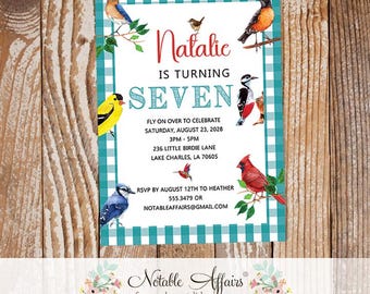 Teal Plaid Watercolor Colorful Birds A Little Birdie Lets Flock Together Birthday Invitation - no color changes