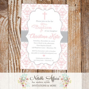 Light Pink and Gray Damask Christening Invitation Cross Baptism - Girl Baptism invitation - Communion Dedication - choose two colors