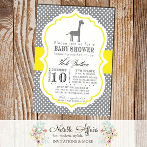 Dark Gray Charcoal and Yellow Mustard Polka Dot Giraffe Modern Baby Shower Birthday Bridal Shower Invitation Gray Yellow Giraffe image 1