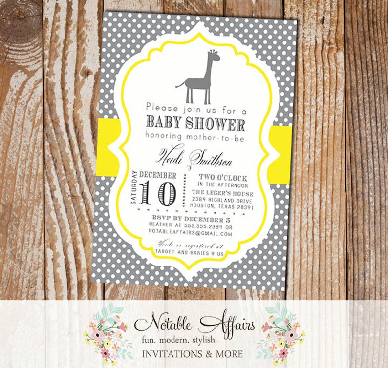 Dark Gray Charcoal and Yellow Mustard Polka Dot Giraffe Modern Baby Shower Birthday Bridal Shower Invitation Gray Yellow Giraffe image 1