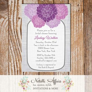 Rustic Vintage Elegant Modern Gray Linen Floral Purple Eggplant Plum Peony Mason Jar Bridal Wedding or Baby Shower Invitation