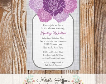 Rustic Vintage Elegant Modern Gray Linen Floral Purple Eggplant Plum Peony Mason Jar Bridal Wedding or Baby Shower Invitation