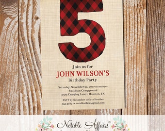 Black and Red Number Lumberjack Camping Birthday Invitation - Vintage Brown Linen Background - any age - Ax Lumberjack Plaid Birthday Invite