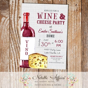 Watercolor Wine and Cheese party invitation on light gray linen background - no color changes