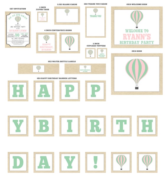Vintage Hot Air Balloon Light Pink and Mint Birthday party package - includes invitation, banner, tags, cupcake toppers, signs and more Il_570xn