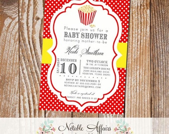 Ready to Pop - Popcorn and Polka Dots Baby shower, birthday party invitation - red yellow circus baby shower