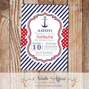 Navy Red White Blue Anchor Stripes and Polka Dots Nautical Birthday Invitation choose your wording and colors image 1