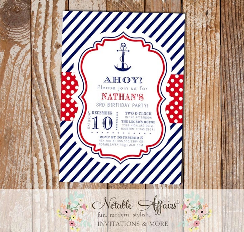 Navy Red White Blue Anchor Stripes and Polka Dots Nautical Birthday Invitation choose your wording and colors image 1