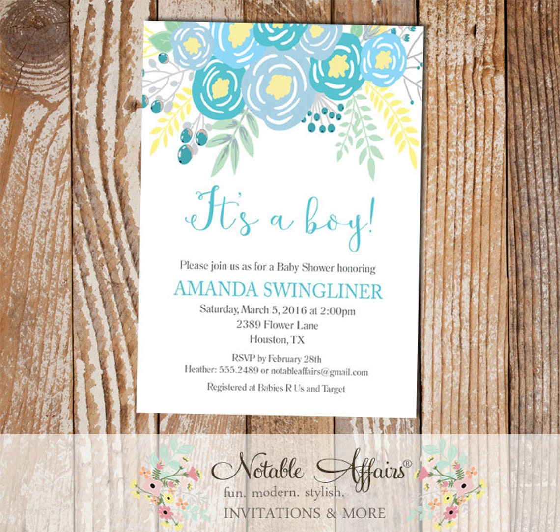 Its a Boy Blue Flowers Modern Baby Shower Invitation No Etsy