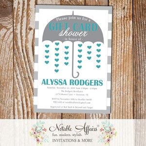 Kitchen Gift Card Umbrella Shower Hearts Teal and Gray Housewarming Party Bridal Shower Couples Shower Invitation - choose one accent color