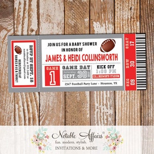 Gray and Red Football Tailgate Baby Shower Ticket Invitation - choose your 2 colors - Football Baby Shower Tailgate Party