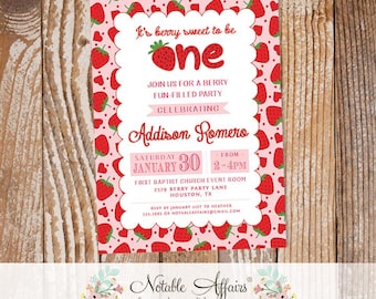 Allover Strawberry Pink Red one berry sweet birthday party invitation - 1st first birthday invite - no color changes