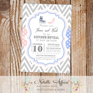 Gray Chevron Polka Dots Light Pink Baby Blue Hockey Theme Baby Shower Gender Reveal Party or Birthday Invitation - hockey skate high heel