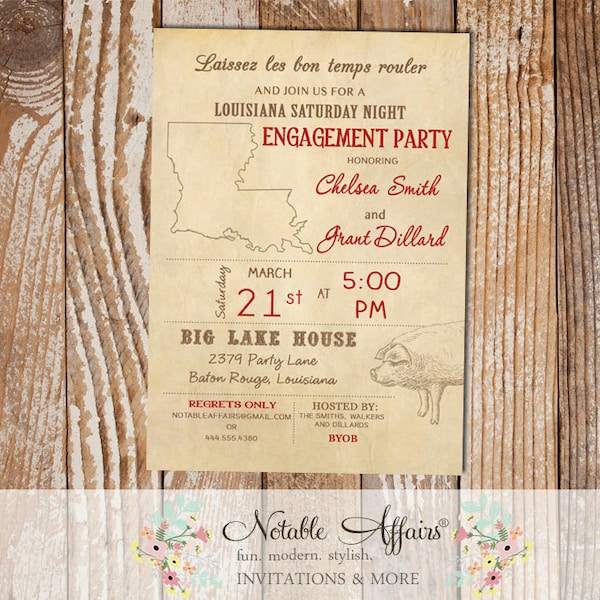 Cajun Style Vintage Louisiana Pig Cochon de Lait Baby Shower Bridal Shower Engagement Party etc invitation - choose your accent color only